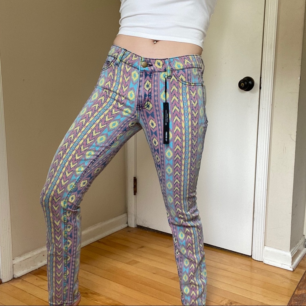 Forever 21 Colorful Aztec Pattern Skinny Jeans